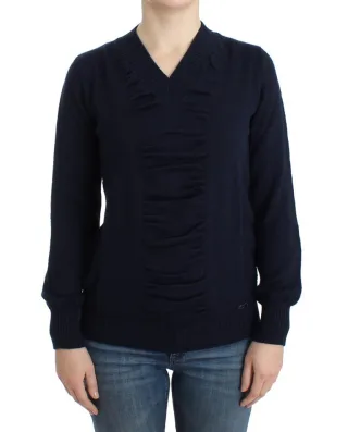 Costume National Pull en laine bleu foncé à col en V pour femme