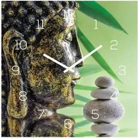 Levandeo® Wanduhr (Wanduhr Glas 30x30cm Uhr Glasbild Buddha Kopf Steine Grün Wellness)