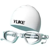 Blusmart Schwimmbrille Universelles Schwimmbrillen- und Badekappen-Set für Damen und Herren, (HD-Antibeschlag und wasserdichter großer Rahmen, Schwimmbrille und integrierte Ohrstöpsel), Set bestehend aus Schwimmbrille + Silikon + Aufbewahrungsbox