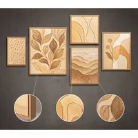 YS-Art Gemälde "Rascheln des Laubs", Blumen (Set, 5 St), Modernes Wandbilder Set Natur Beige – Abstrakt Bilder Set mit Rahmen