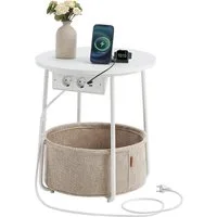 VASAGLE Beistelltisch, rund, mit Steckdose, USB-Anschlüsse, mit Korb aus Stoff, Ø45 cm