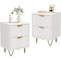 FUROKOY Nachttisch 2er set Nachtschrank mit Schubladen, Beistelltisch mit Metallbeine (Weiß Sofatisch Beistelltisch mit 2 Schubladen), Schubladenschrank für Schlafzimmer Flur Wohnzimmer, 40 x 40 x 55 cm