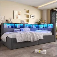 Odikalo Schlafsofa Schlafcouch mit Bettkasten und LED, Tagesbett, Daybett, 90×200 cm, USB- + Typ-C-Anschlüsse, hydraulische Aufbewahrungsfunktion, mehrere Staufächer, mit mehrfarbiger LED-Streifenbeleuchtung, Ohne Matratze, Leinen, Grau / Beige