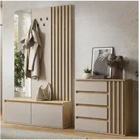 Lomadox Garderoben-Set DAVIS-166, (Spar-Set, 2-St., Kommode Garderobe), Eiche Dekor Kaschmir Beige Lamellen-Design grifflos modern