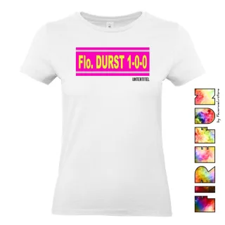 FIREFUN - Damen T-Shirt mit Aufschrift "Flo. DURST 1-0-0" PINK EDITION 2XL MIT Untertitel (max. 20 Zeichen) Hinten (Rücken) navy