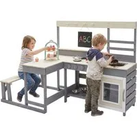 Joyz Outdoor-Spielküche Kinderküche Spielküche mit Tisch Sitzbank Tafel Küchenzubehör Outdoor Tanne, Kunststoff, Edelstahl, Wetterfeste Kinderspielküche Set Matschküche Spielzeugküche für Kinder