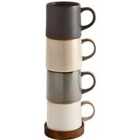 Next Becher Stapelbare Scandi-Henkeltassen + Holztablett, 4-tlg., Steingut