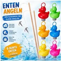 Koopman Spielzeug-Gartenset Entenangeln 8 Tlg. Ente ca. 10 cm Kinderspiel, (Set, 8-tlg., Packung), Kunststoffenten, 6 Enten, Holzangeln, 2 Angeln, Enten beschwert