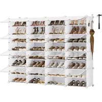 SONGMICS Schuhregal Schuhschrank, 30 x 40 x 30 cm pro Fach, für Flur, Eingangsbereich, anpassbar, 16 Fächer, für bis zu 64 Paar Schuhe, weiß-transparent