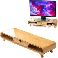 TUWENA Monitor-Halterung Bambus Monitorständer Keine Montage PC Erhöhung Mit Schublade, (Bildschirmerhöhung für Schreibtisch & Büro, 11,5 x 61,5 x 20 cm, Natur)