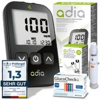 ADIA Blutzuckermessgerät adia Blutzuckermessgerät Set + 60 Teststreifen + 110 Lanzetten mg/dl