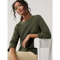 Walbusch T-Shirt Damen Baumwollshirt Softrib U-Boot-Ausschnitt 3/4-Arm mit Knopfdetail Kurzarm, modern, pflegeleicht
