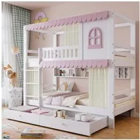 STILVORA Etagenbett 90x200 mit Schubladen,Kinderbett Begestell mit Regale&Zäunen,Rosa (Etagenbett Kinderbett Weiß & Rosa mit Fenster, Vorhängen, Fallschutzgitter & Offenem Regal - Mit Zwei Schubladen, Sicherer Zugang und Reichlich Stauraum., 90x200cm