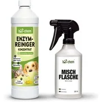 bio-chem Geruchsentferner Enzymreiniger 1 L Geruchsentferner gegen Urin, Katzen & Hundeurin (Sparpaket, Enzymreiniger Konzentrat 1 L + 0.5 l Handspray-Mischflasche), Probiotisch & tiefenwirksam gegen Tiergeruch