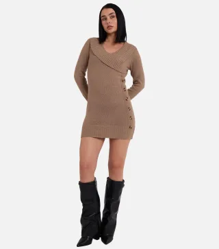 Kamelfarbenes Wickelstrick-Knopf-Detail Mini-Pullover-Kleid