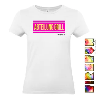 FIREFUN - Damen T-Shirt mit Aufschrift "ABTEILUNG GRILL" PINK EDITION 2XL MIT Untertitel (max. 20 Zeichen) Hinten (Rücken) navy