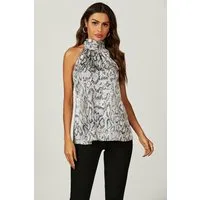 FS Collection Neckholdertop Neckholder-Top mit Bindeband hinten und Blumenmuster / Punkemuster (XS (EU:36 / UK:8) · S (EU:38 / UK:10) · M (EU:40 / UK:12) · L (EU:42 / UK:14) · XL (EU:44 / UK:16), 5 Farben: PunktSchwarz, PunktGrün, BlumenBlau, BlumenH