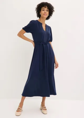 bonprix Midikleid aus Viskose-Pikee mit Satinbesatz, blau, Gr.36/38 (S), schwingendes Midikleid aus Viskose-Pikee mit Bindegürtel