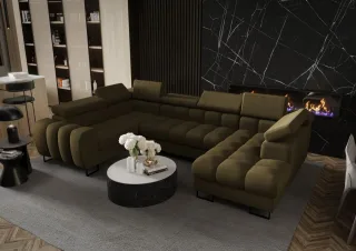 Wohnlandschaft Schlafsofa BASTIEN in Stoff Moly Dunkelgrün Ottomane Rechts
