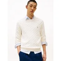 Tommy Hilfiger Strickpullover CLASSIC CABLE CREW NECK mit Strukturstrick und Flaglabel unifarben, casual, regular fit, Baumwolle, Rundhals