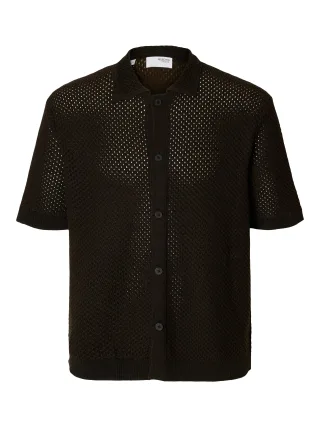 SELECTED MEN - SLHGINGER SS KNIT RELAXED POLO CARDIGAN black - Gr. - XL