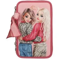 Depesche Federmäppchen Gefüllte 3-Fach Federtasche in Rosa und Rot mit Model Motiv, Leo-Print, Buntstifte, Schere, Lineal, UVM.