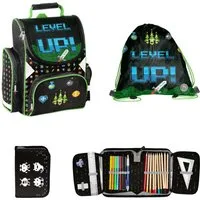 PASO Schulranzen SCHULSET: RANZEN + TURNBEUTEL + BEFÜLLTE FEDERMAPPE - LEVEL UP! (3-teilig, Gaming / Gamer), schwarz, grün, blau