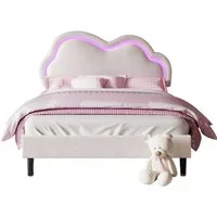 AMERLIFE Kinderbett Jugendbett für Mädchen in Samt-Optik mit LED-Beleuchtung (Ohne Matratze), Wolken-Kopfteil & praktischem Stauraum, 90x200cm