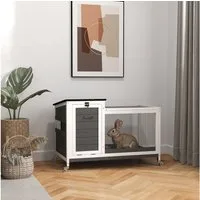 PawHut Kleintierstall mit Freilaufgehege, Rädern, Klappdach, ausziehbarem Tablett, aus Holz, für Innen, draußen, 92 x 52 x 67 cm, Dunkelgrau