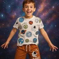 Lorey Medtec T-Shirt & Shorts Jungen Outfit, 2er Set: T-Shirt + Shorts, Weiß-Braun, 100% Baumwolle (T-Shirt + Shorts)