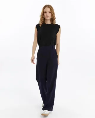 Damen Doppelt Krepp Grasnaht Detailed Mit Taschen Palazzo-Hose Marineblau