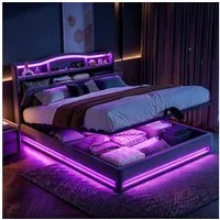 Furnishings Home Polsterbett Stauraumbett LED Doppelbett (1-tlg., Inkl. Komforthöhe Lattenrost, Leises Design Bett), Mit Bettkasten, RGB Beleuchtung, Ladefunktion