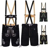 German Wear Trachtenlederhose GW721 kurze Trachten Lederhose mit Hosenträger Trachtenhose Schwarz