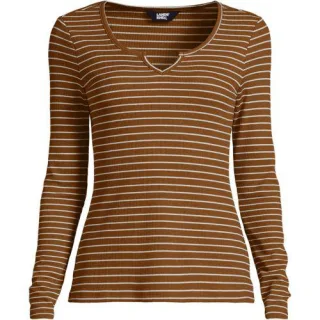 Langarm-Shirt mit Ballettausschnitt aus Waffelpiqué, Damen,  Beige, Elasthan/Polyester/Kunstseide, by Lands' End