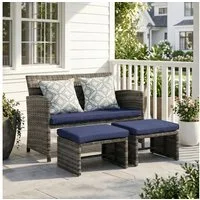 Sunsitt Gartenbank Outdoor Loveseat (3-tlg Terrassenmöbel-Set, Allwetter Rattan Gartenbank mit 2 Hocker), Grau Rattan&Grau Kissen