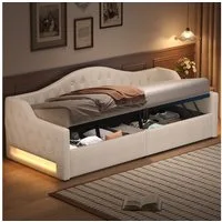 Merax Daybett mit hydraulischem Stauraum (Schlafsofa Sofabett Jugendbett Kinderbett Polsterbett, 1 tlg), Tagesbett 90x200cm mit LED-Beleuchtung Lattenrost Rückenlehne, Leinen