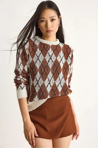 Damen Pulli mit Rundhalsausschnitt und Rautenmuster