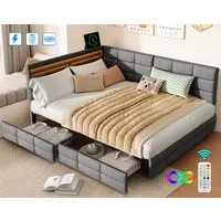 ADWOLT Schlafsofa Daybett Polsterbett Mit LED-Licht und USB-Anschluss, Set 1 Teile, 140x190 cm,Mit 2 Schubladen,Leinenstoff-Grau