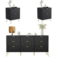 UEV Schlafzimmer-Set 3er-Set Schlafzimmermöbel, Möbelset im skandinavischen Stil, (Modern Linienmuster, Kommode mit 9 Schubladen und 2er-Set Nachttisch), Schrank mit Kippschutz, Goldene Griffe und Füße, Soft-close