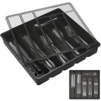 PFCTART Besteckkasten Schwarz Besteckkasten mit Deckel 6 Fächer (Set, 1 St., Besteckkasten für Schubladen aus Kunststoff für Löffel, Gabeln), Besteckaufbewahrung für Küchenschublade und Arbeitsplatte
