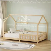 ML-DESIGN Spielbett Hausbett Kinderbett inkl. Lattenrost kreativ Bodenbett für Kinder, Abenteuerbett zum Spielen mit Rausfallschutz Kiefer Natur Himmelbett