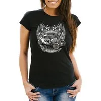 Neverless Print-Shirt Damen T-Shirt Rockabilly Hot Rod Rock n Roll Retro Auto Slim Fit mit Print