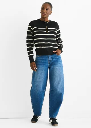 Schwarz Gestreifter Recycling-Knopf-Style Locker Sitzender Strickpullover