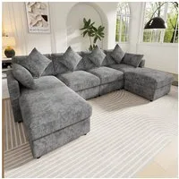 Merax Ecksofa aus Chenille, Modulares Sofa mit verstellbaren Armlehnen, für 4-6 Personen 1 Teile, U-/L-förmiges Sofa mit 2 Hockern, 4 Kissen & 2 Kopfstützen, wandelbar