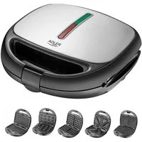 ADLER EUROPE 4-in-1-Sandwichmaker AD 3040 5-in-1 Sandwichmaker, Kontaktgrill, Waffeleisen, Snack Maker, 1200 W, Multigrill, 5 Wechselplatten, Antihaftbeschichtung Schwarz/Silber