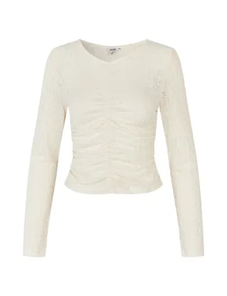 mbym - Langarmshirt mit Raffung und Allover-Muster beige - Gr. - M