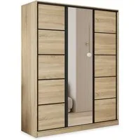 Masseno Schwebetürenschrank PINA 150 cm Kleiderschrank mit Spiegel 3 Türen Eiche Sonoma