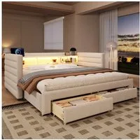 Merax Daybett mit LED- Beleuchtung, USB & Typ-C (Schlafsofa Sofabett Kinderbett Jugendbett, 1 tlg), Tagesbett 90x190cm mit Ausziehbett, 2 Schubladen & Ablagefach, Samt