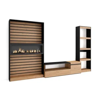 Skraut Home Wohnwand, Eiche, Schwarz, Holzwerkstoff, Rechteckig,Rechteckig, 320x186x35 cm, Wohnzimmer, Wohnwände, Anbauwände