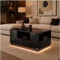 Makika Ablagetisch Design Couchtisch LED mit Schubladen - Schwarz Hochglanz